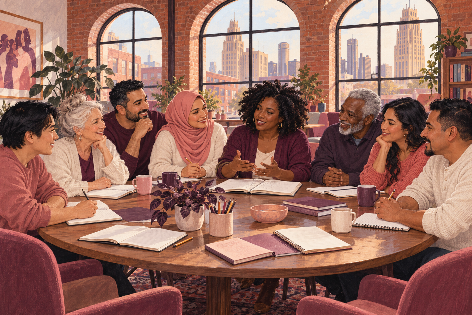 Illustration of an imagined, multigenerational group of neighbors learning together around a community table