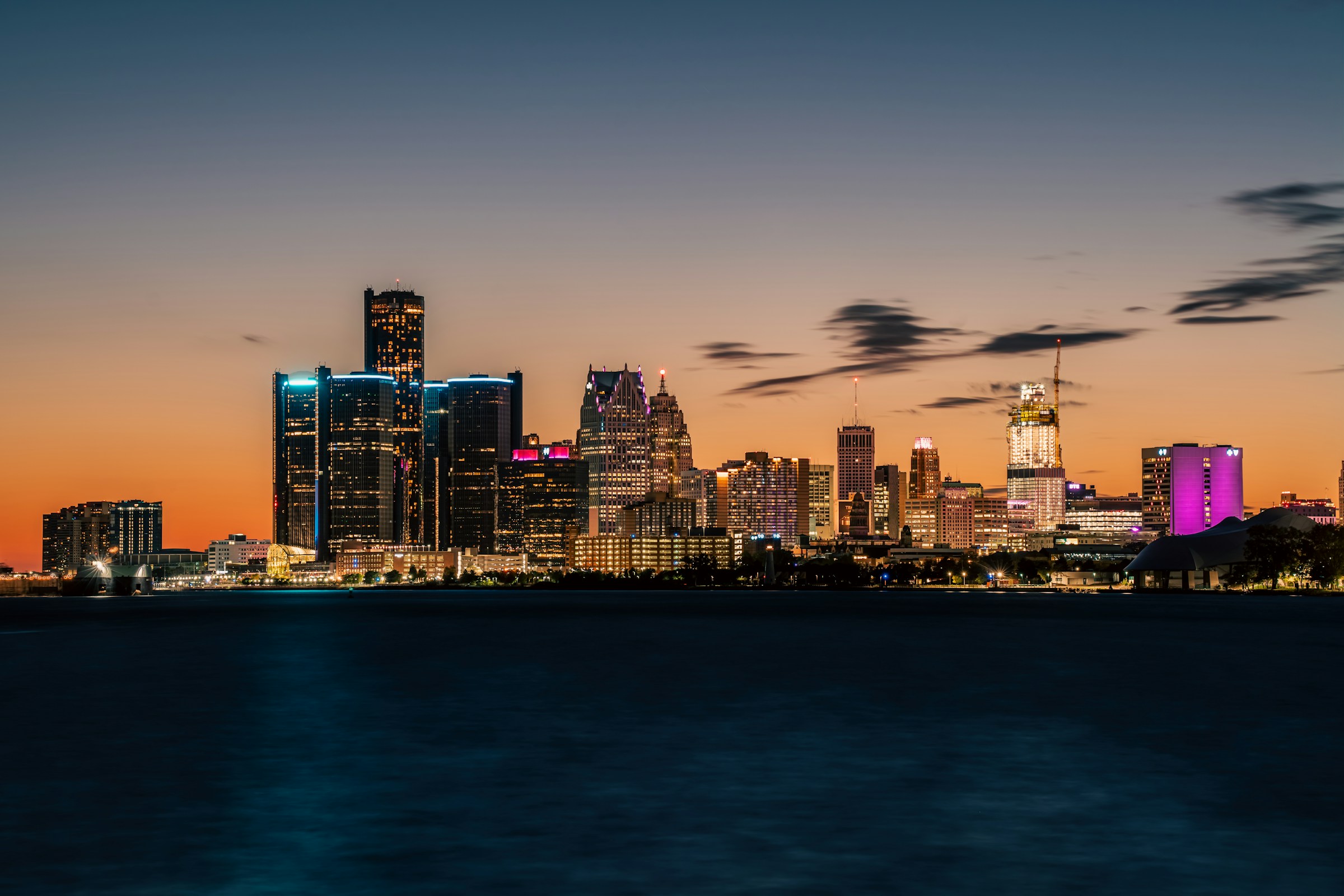 Detroit’s skyline, illuminated at dusk